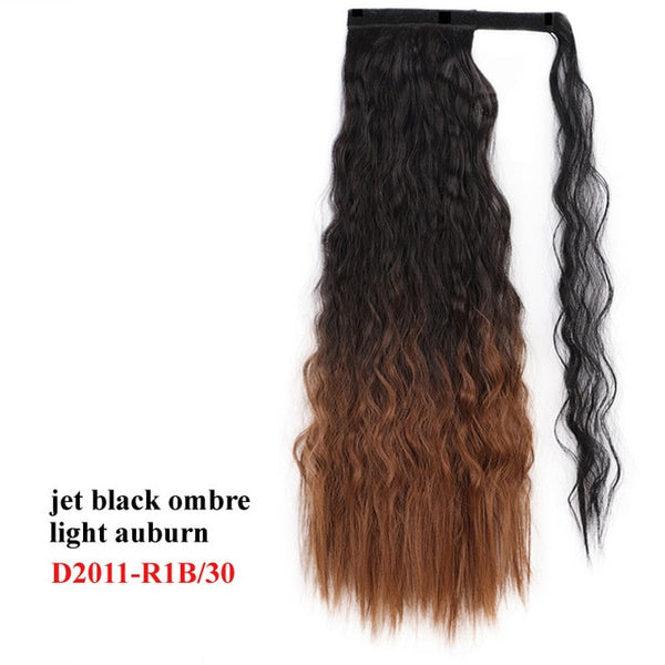 Wavy Ponytail Extension for Women Synthetic Wrap Around Magic Paste Yaki Ponytail Corn Wave Clip in Hairpiece Black Fake Hair