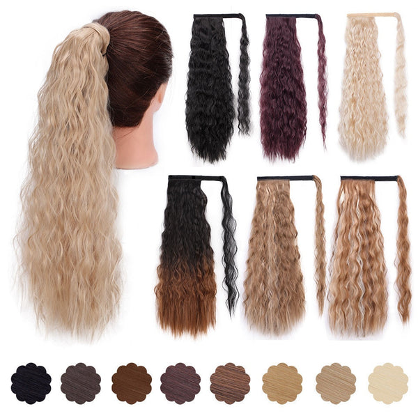 Wavy Ponytail Extension for Women Synthetic Wrap Around Magic Paste Yaki Ponytail Corn Wave Clip in Hairpiece Black Fake Hair