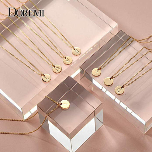 DOREMI 12 mm Gold Initial Necklace Custom Name Necklace Personalized Drop Disc Pendants Necklaces Beauty Mother Gifts A-Z