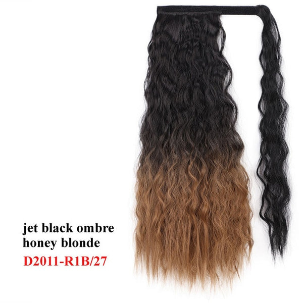 Wavy Ponytail Extension for Women Synthetic Wrap Around Magic Paste Yaki Ponytail Corn Wave Clip in Hairpiece Black Fake Hair