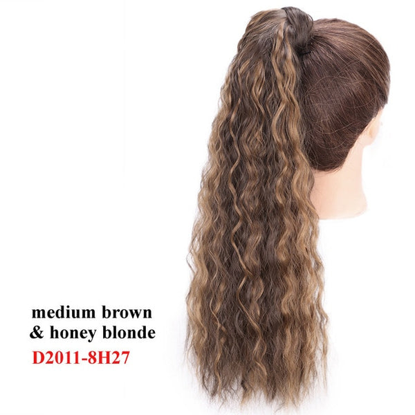 Wavy Ponytail Extension for Women Synthetic Wrap Around Magic Paste Yaki Ponytail Corn Wave Clip in Hairpiece Black Fake Hair